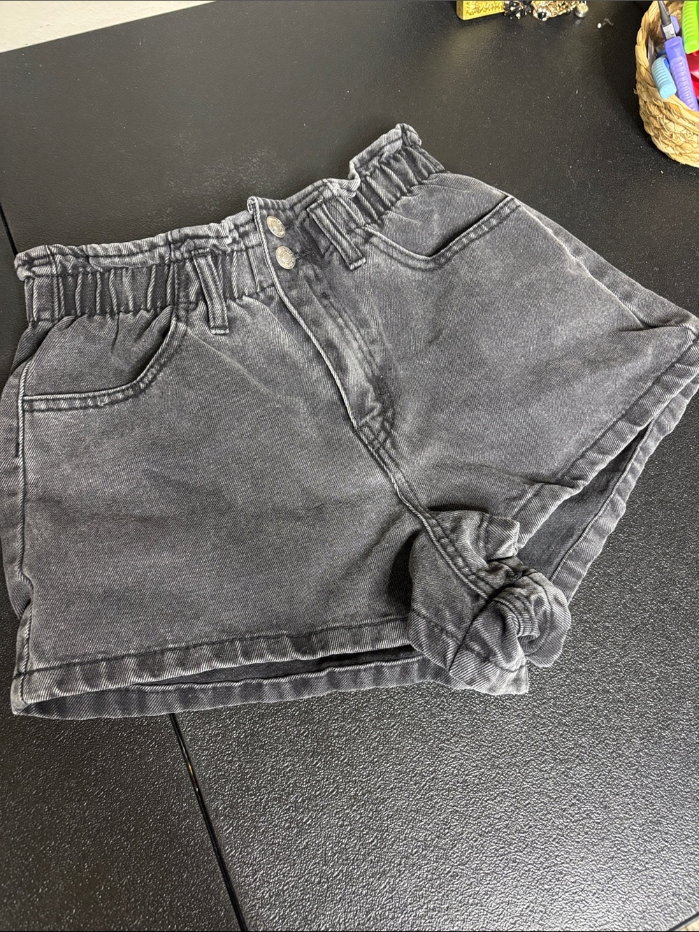 Forever 21 Washed Black Paperbag Waist Denim Shorts Small Booty Y2K Elastic